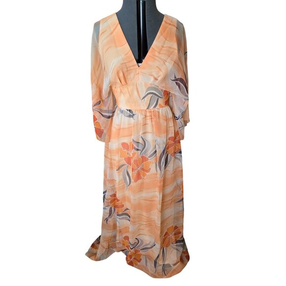 Vintage Edith Flagg Maxi Dress - Orange Floral Chiffon Kaftan Style - Size Small - Picture 3 of 9